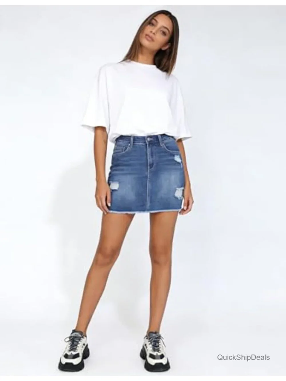 Women's Ripped Denim Mini Skirt High Rise Stretch Bodycon Raw Hem